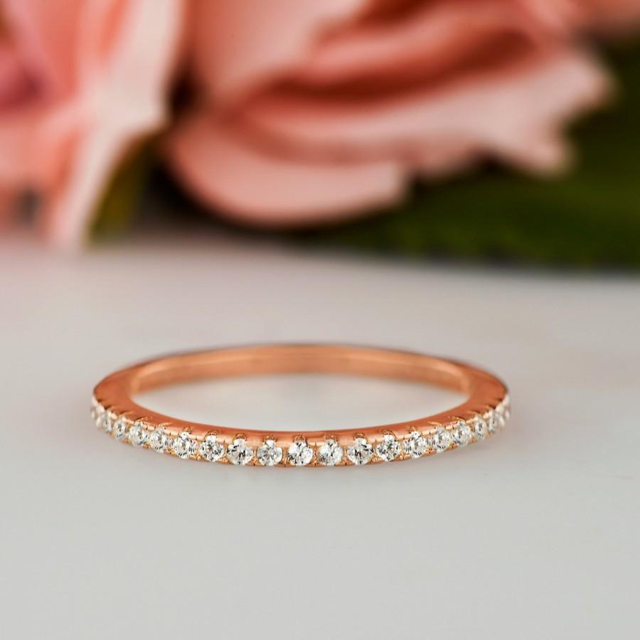 Hochzeit - Delicate Half Eternity Wedding Band, Bridal Ring, 1.5mm Stacking Ring, Round Man Made Diamond Simulants, Sterling Silver, Rose Gold Plated