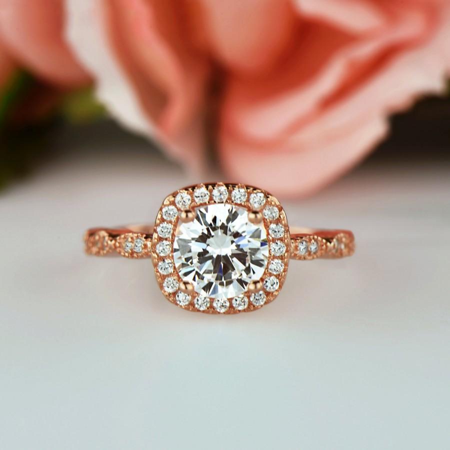 Wedding - 1.25 ctw Promise Ring, Vintage Style Engagement Ring, Man Made Diamond Simulants, Art Deco Halo Ring, Sterling Silver, Rose Gold Plated