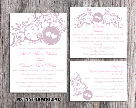 Свадьба - DIY Wedding Invitation Template Set Editable Word File Instant Download Printable Invitation Lavender Wedding Invitation Heart Invitation