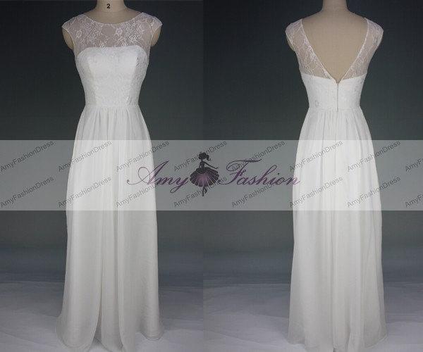 Hochzeit - Bridesmaid Dress Long White Cap Sleeve Bridesmaid Dress Illusion Neckline Simple Wedding Party Dress Deep V Back Lace Chiffon Prom Dress