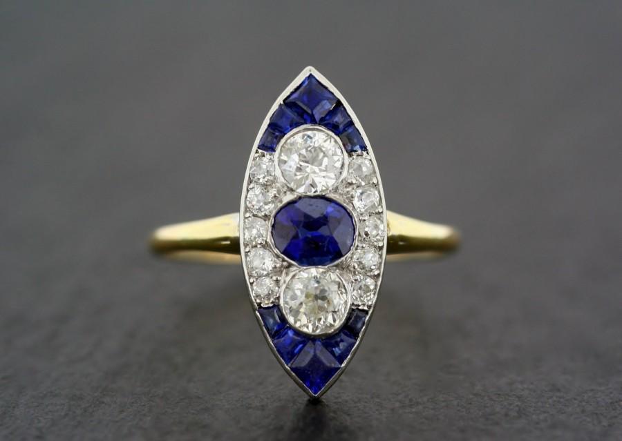 Wedding - Art Deco Engagement Ring - Antique Art Deco Sapphire & Diamond Engagement Ring - Art Deco Navette Ring