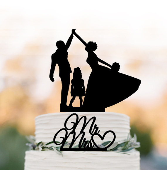 Hochzeit - two tier bride and groom high five Wedding Cake topper with child, family wedding cake topper with girls, mr and mrs cake topper