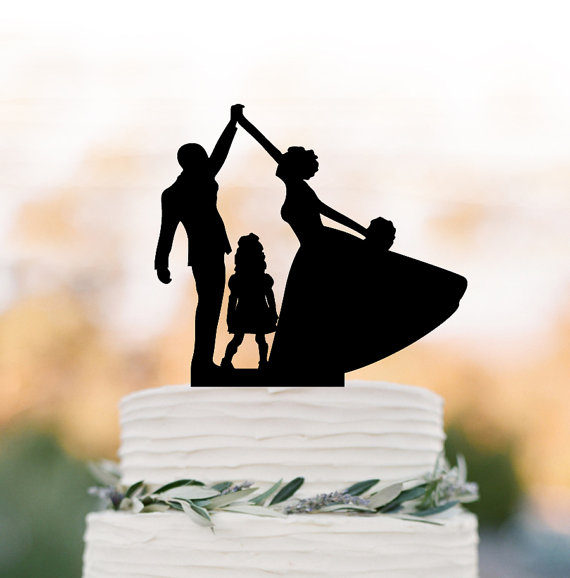 Wedding - bride and groom high five Wedding Cake topper with child, family silhouette wedding cake topper with girls cake topper