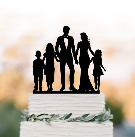 Hochzeit - bride and groom Wedding Cake topper with child, family silhouette wedding cake topper with boy and two girls cake topper