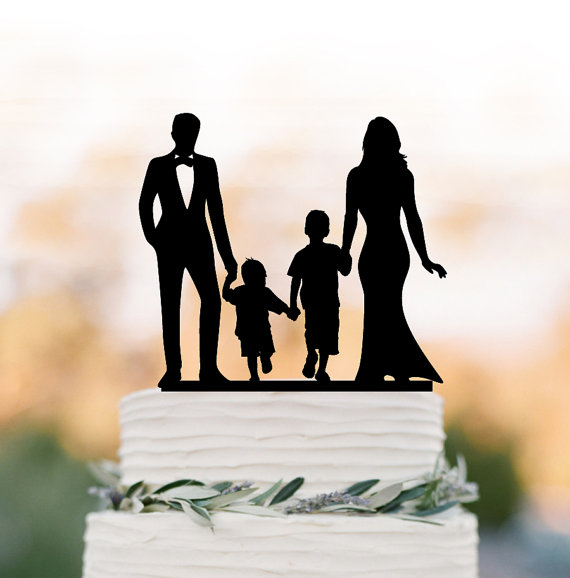 Wedding - bride and groom Wedding Cake topper with child, family silhouette wedding cake topper with two boy wedding cake topper birthday gift