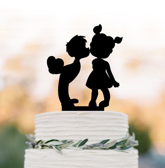 Hochzeit - two kids in love Wedding Cake topper, silhouette birthday cake topper, boy kissing the girl wedding cake topper birthday gift