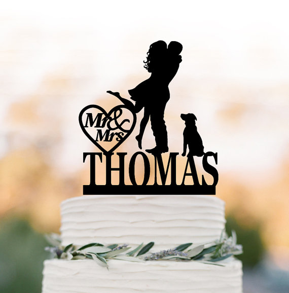 Hochzeit - Personalized Wedding Cake topper with dog, silhouette wedding cake topper custom name, Bride and groom wedding cake topper with mr and mrs
