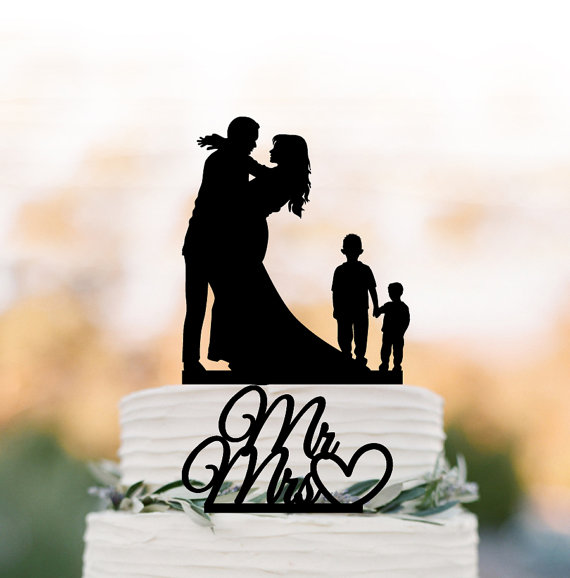 Wedding - Family Wedding Cake topper with two boy, silhouette wedding cake toppers, two tier wedding cake toppers with child mr and mrs cake topper