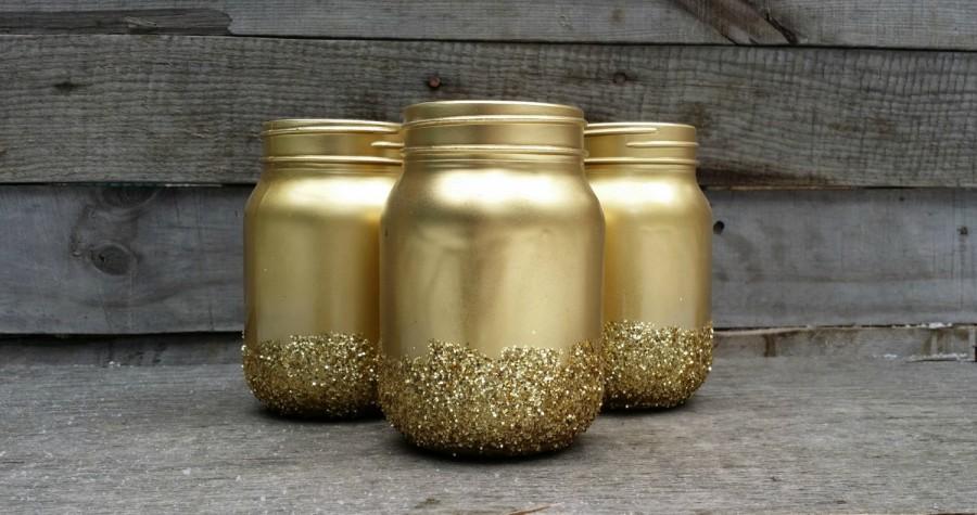 زفاف - Gold Glitter Mason Jars, Shabby Chic Painted Mason Jars, Rustic Wedding Decor, Painted Mason Jars, Baby Shower Decor, Rustic Decor, Set of 3