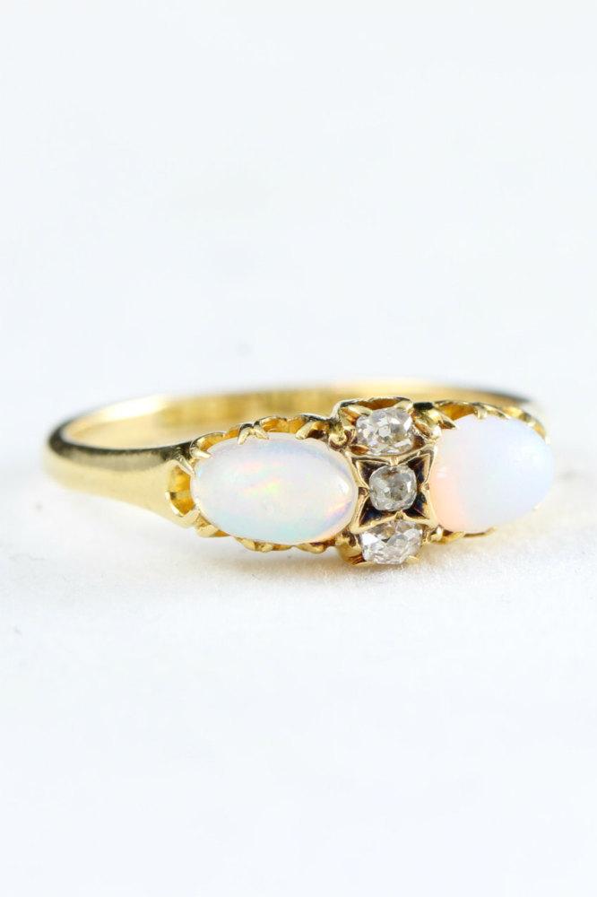 Wedding - Edwardian engagement ring opal and old cut cushion and european round diamond and white opal in 18 carat gold