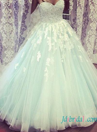 Hochzeit - Beautiful Ivory lace and light blue princess tulle wedding dress