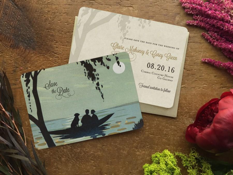 زفاف - Save the Date Postcard, Beach Wedding Invitation, Lake Wedding Save the Date, Include Your Cat or Dog in Boat, Rustic Wedding Invitation