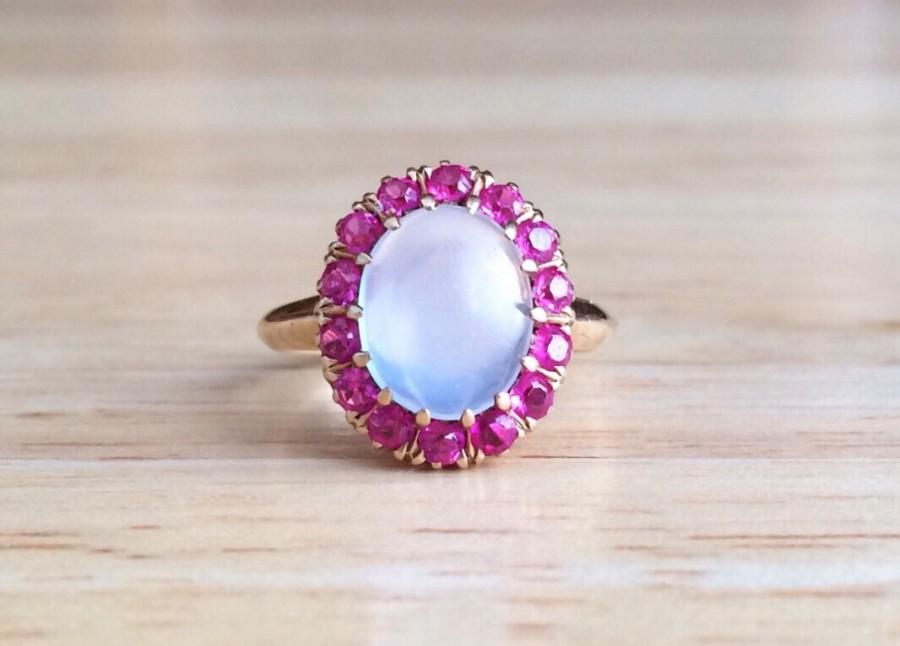 Hochzeit - Moonstone Engagement Ring - 14kt Yellow Gold Ruby Halo - Size 5 Sizeable Unique Wedding Gemstone Ring - Antique June July Birthstone Jewelry