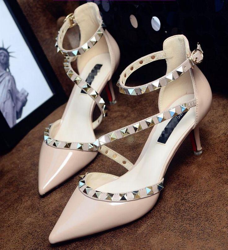 Mariage - 2016 NEW Woman High Heels Shoes Ladies Sexy Pointed Toe Pumps Buckle Rivets Nude Heels Dress Wedding Shoes