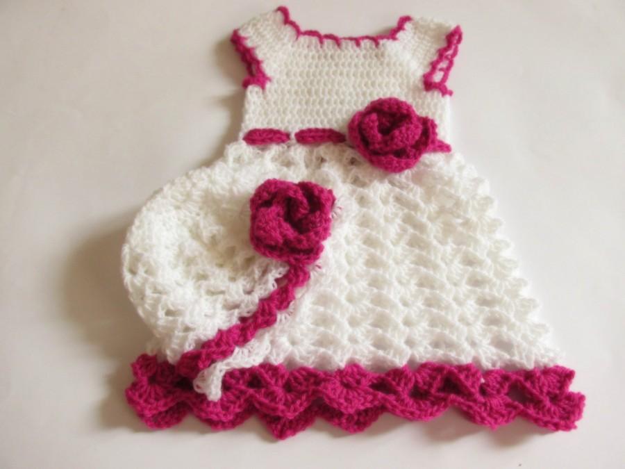 Hochzeit - Crochet Dress Hat, Baby Dress Hat, Newborn Dress Hat, White Baby Dress, Magenta White Dress, Infant Dress, Newborn Clothes, Birthday Dress