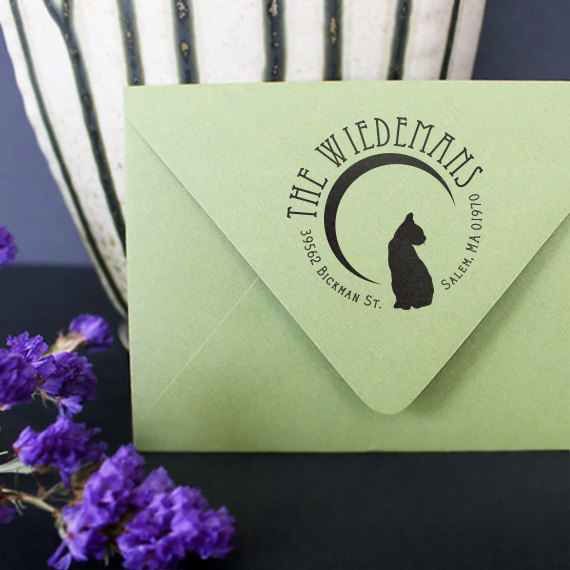 Wedding - Personalized Address Stamp - Custom Address Stamp - Cat - Silhouette - Crescent Moon - Designer Stamp - DIY Envelope Printing - Unique Gifts