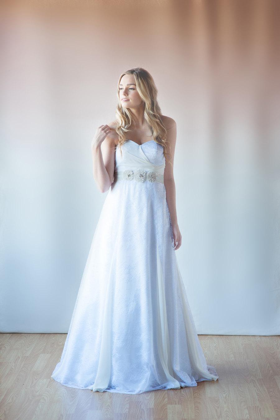 Hochzeit - French lace bridal dress, beach wedding dress, wedding gowns, white chiffon, for dreamy beach destination weddings