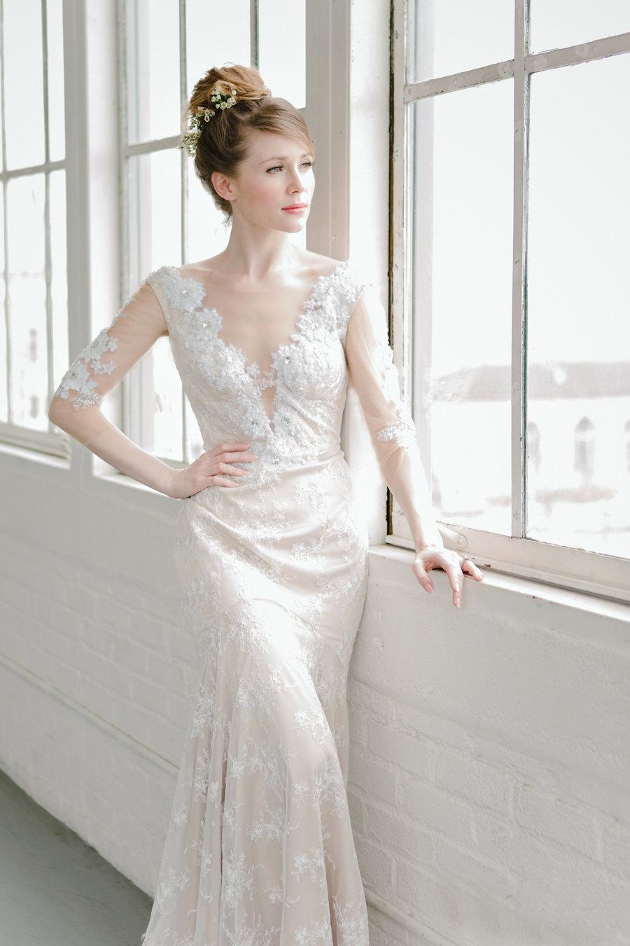 زفاف - Wedding dress with sleeves, illusion neckline, glamorous and sexy, embellished, open back, stretch mermaid fit and flare gown
