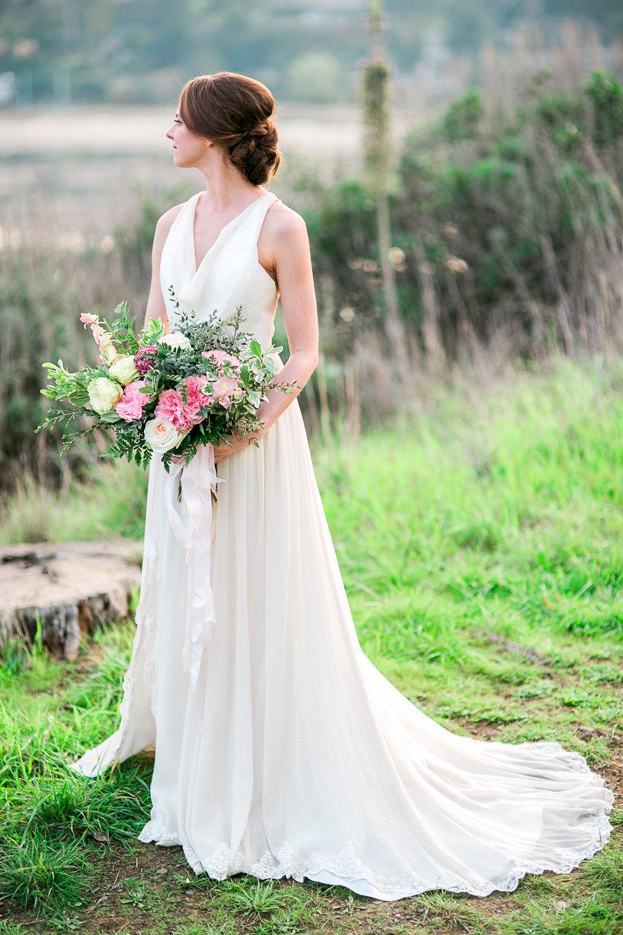 Wedding - Golden bridal dresses, beach wedding dress, bridal gown, silk chiffon, lace, sexy back, low back for destination beach weddings