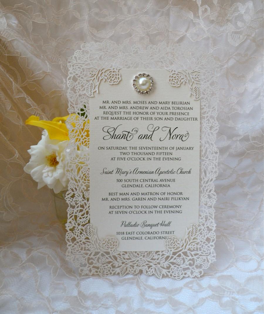 Hochzeit - Brooch Laser Cut Wedding Invitations - Couture Bling Invites - Custom Handmade Invitation