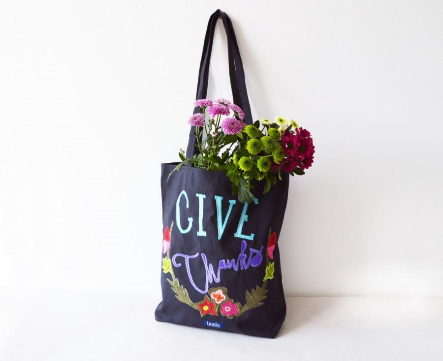 Wedding - Thanksgiving canvas tote shopper bag dark gray give thanks thankful applique flower wreath