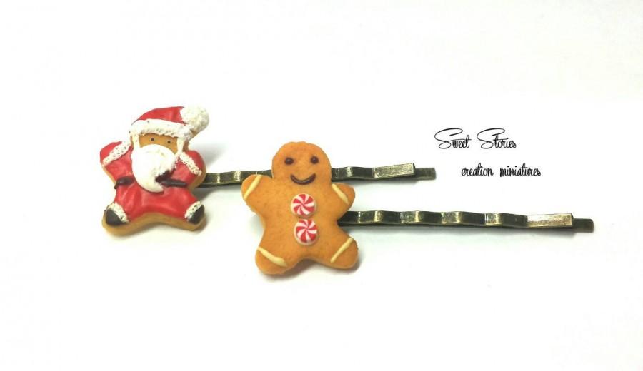 Свадьба - Gingerbread Santa Christmas hairpins- mini food jewelry accessories - food miniature hair pin - Christmas cookie gift - gift for her girls