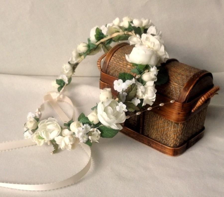 Wedding - Shabby Chic Bridal Floral Crown pearls Woodland hair wreath ivory silk artificial Flower garland Barn Winter Wedding accessories Halo