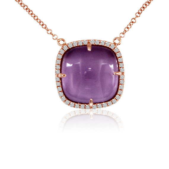Mariage - Cyber Monda SALE, Jewelry, 12mm Cabochon Cushion Amethyst & Diamond Pendant Necklace 14k Rose Gold Anniversary Gifts Cyber Monday Deals Jewelry Gift