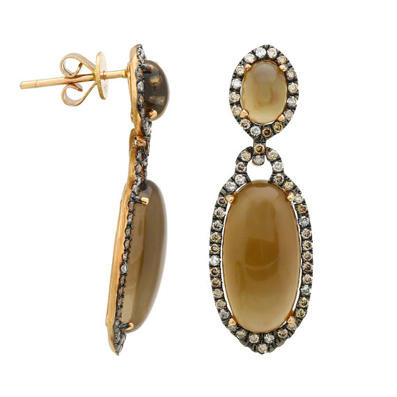 Свадьба - Cyber Monday Sale, Cabochon Smokey Topaz, Chocolate Diamond & White Diamond Earrings 14k Rose Gold, Anniversary Gifts for Women, Christmsa