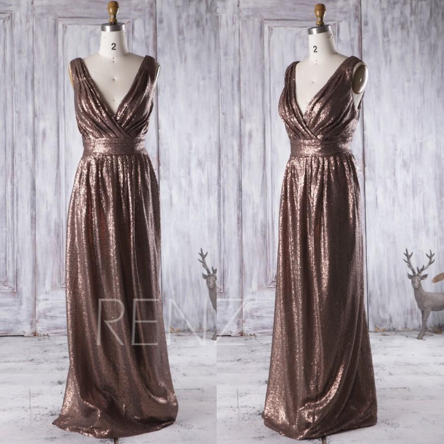 Mariage - 2016 Bronze Sequin Bridesmaid Dress, Long V Neck Wedding Dress, Ruched Bodice Evening Gown, Metallic Sparkle Prom Dress Full Length (TQ150E)