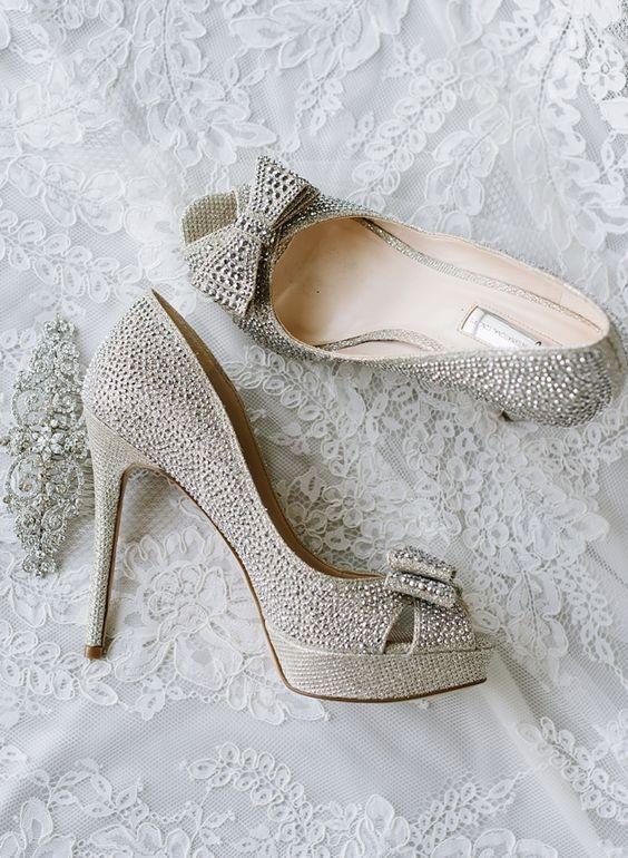 Wedding - Studded Silver Bow Peep-Toe Wedding Shoes