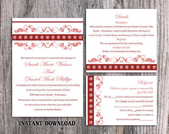 Mariage - DIY Wedding Invitation Template Set Editable Word File Instant Download Printable Invitation Floral Wedding Invitation Red Invitations