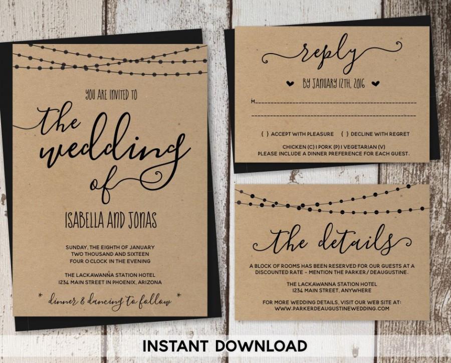 Свадьба - Wedding Invitation Template - Rustic Printable Set 
