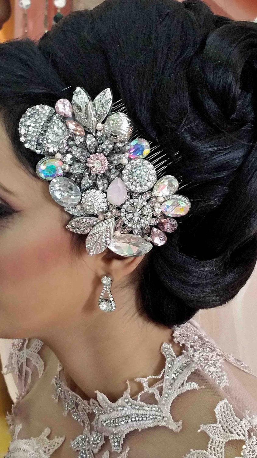 زفاف - Swarovski crystal Blush Pink and Silver grey AB Classic Gatsby Vintage rose Bridal Hair Comb Piece Slide
