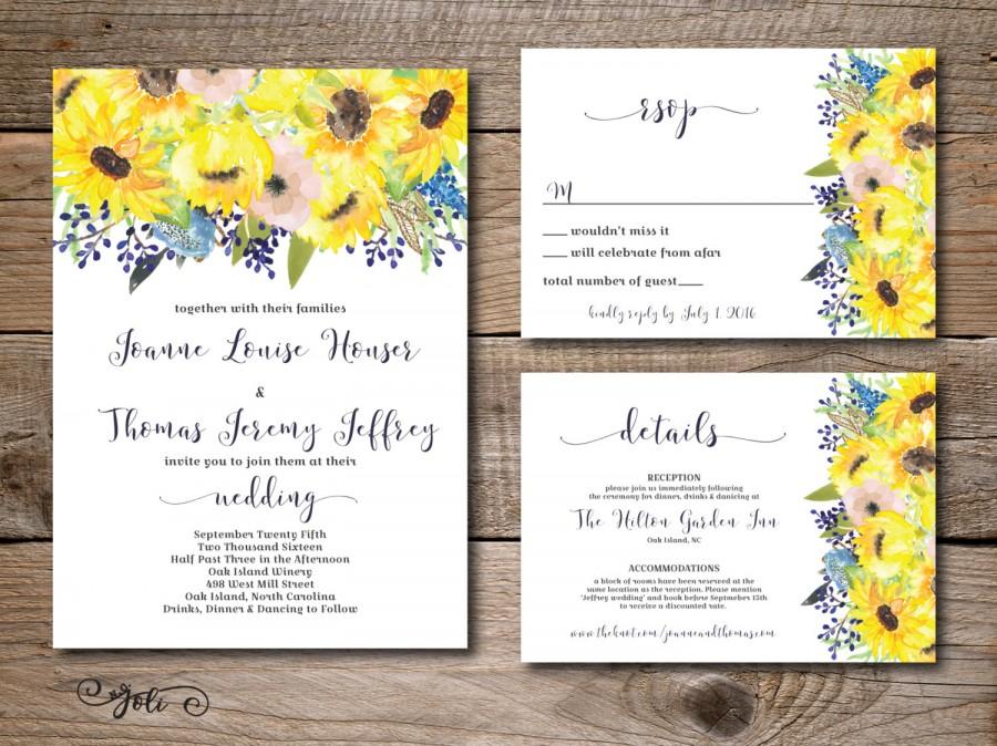 Hochzeit - Printable Watercolor Blue and Sunflower wedding invitation, RSVP and OPTIONAL details card -print yourself- digital file