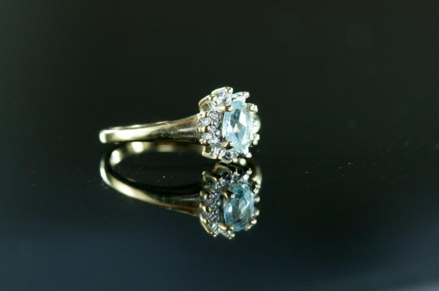 زفاف - BLACK FRIDAY SALE - Aquamarine & Diamond Ring - vintage gold engagement ring