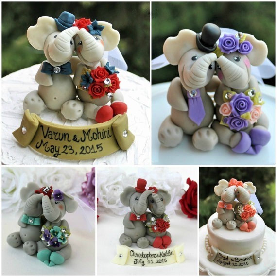 Hochzeit - Custom elephant wedding cake topper, elephants in love bride and groom, personalized wedding, with banner