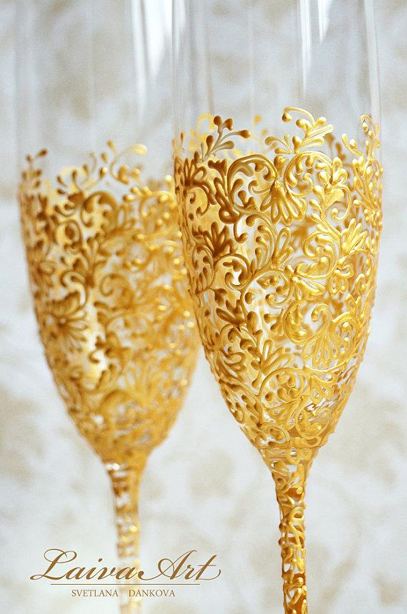 Hochzeit - Gold Wedding Champagne Flutes Wedding Champagne Glasses Gatsby Style Wedding Toasting Flutes Gold Wedding Set of 2