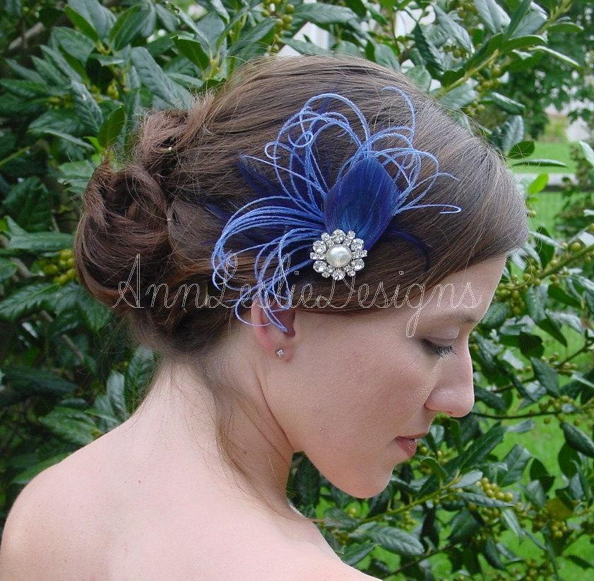زفاف - Wedding Feather Fascinator in Shades of Blue  Headpiece Made to Order