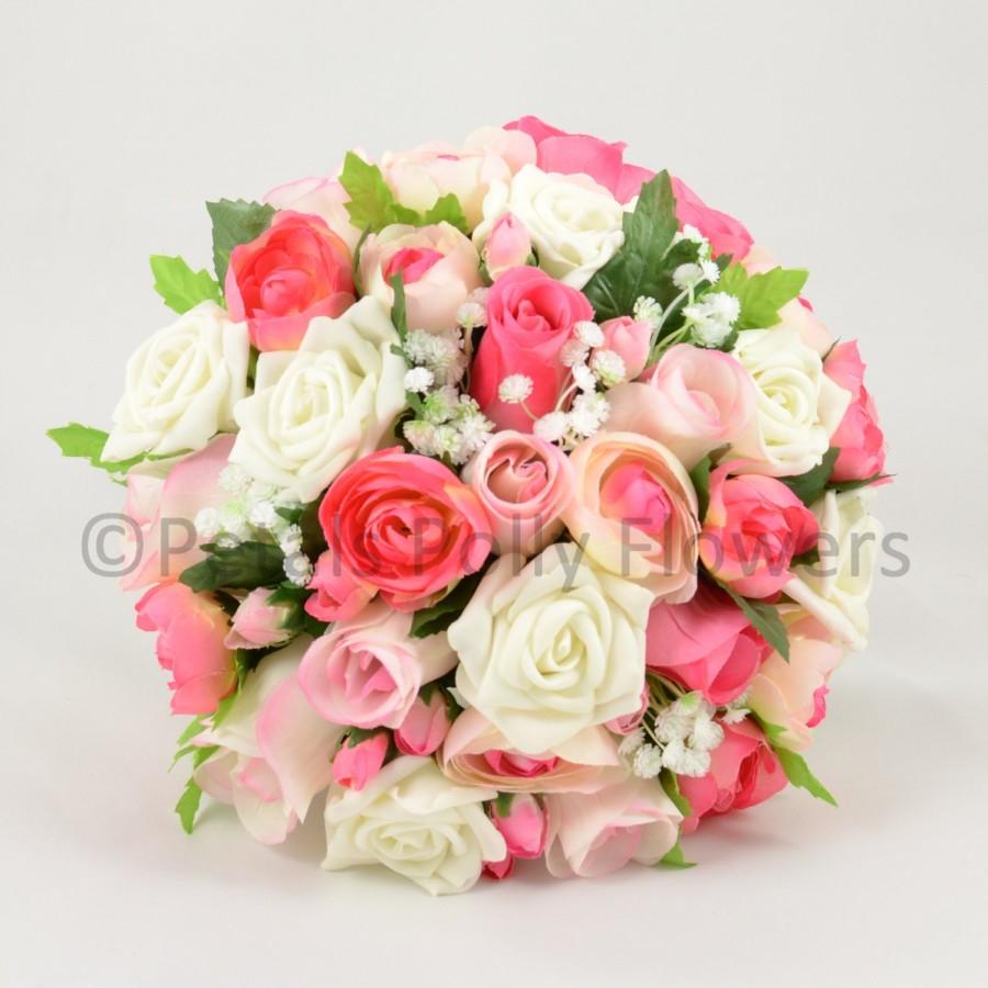 زفاف - Artificial Wedding Flowers, Pink & Ivory Brides Bouquet Posy with Ranunculus