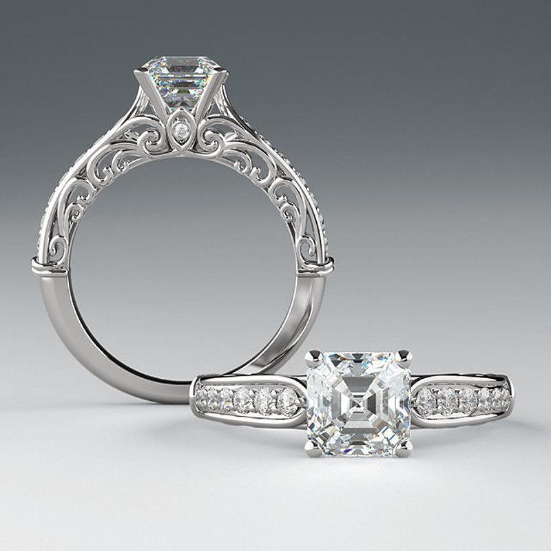 Hochzeit - Asscher Cut 1.24 CTW Engagement Ring Royal Sculptural Accented Design Wedding Ring in Solid 14K White Gold