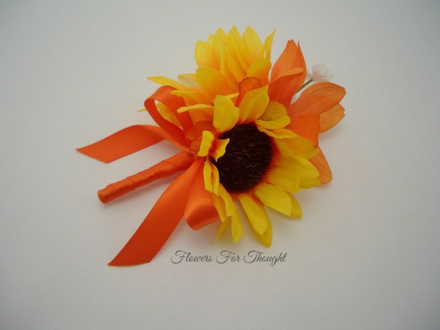 Mariage - Sunflower Boutonniere with Orange Daisy, Groom Wedding Accessory, Buttonhole Flower, Orange Daisy, FFT design, Made to Order