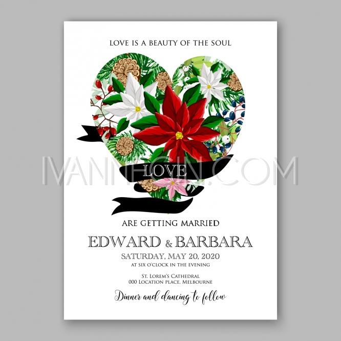 Hochzeit - Poinsettia Wedding Invitation card beautiful winter floral ornament Christmas Party invite - Unique vector illustrations, christmas cards, wedding invitations, images and photos by Ivan Negin