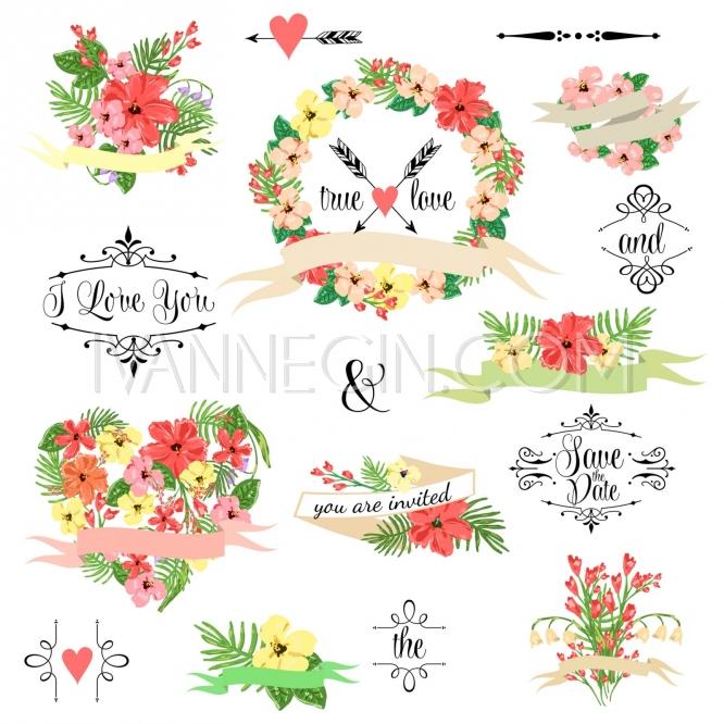 زفاف - Set of different beautiful flowers - Unique vector illustrations, christmas cards, wedding invitations, images and photos by Ivan Negin