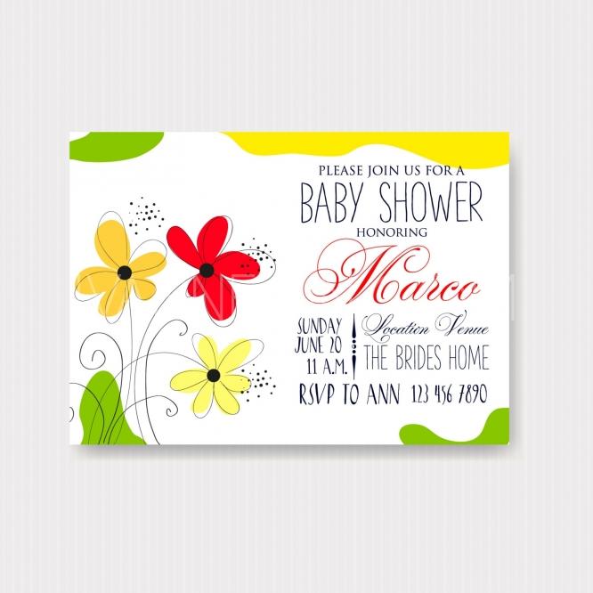 Hochzeit - Baby Shower invitation card with colorful flowers in a children's style - Unique vector illustrations, christmas cards, wedding invitations, images and photos by Ivan Negin