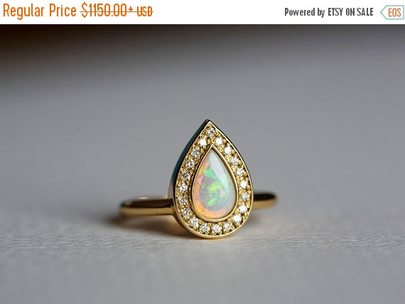 Hochzeit - Black Friday SALE Opal Engagement Ring, Gold Engagement Ring, Pear Engagement Ring, Pave Diamond Ring, 18k Solid Gold