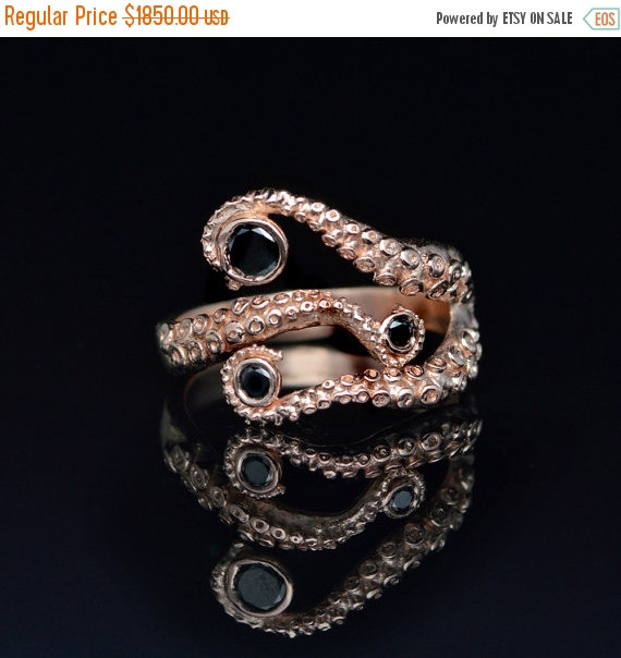 Wedding - BLK Fri CyB Mon SALE! Tentacle Ring, Wedding Band, Octopus Ring - Seductive 14K Tentacle Ring in Rose Gold and Black Diamonds by OctopusMe