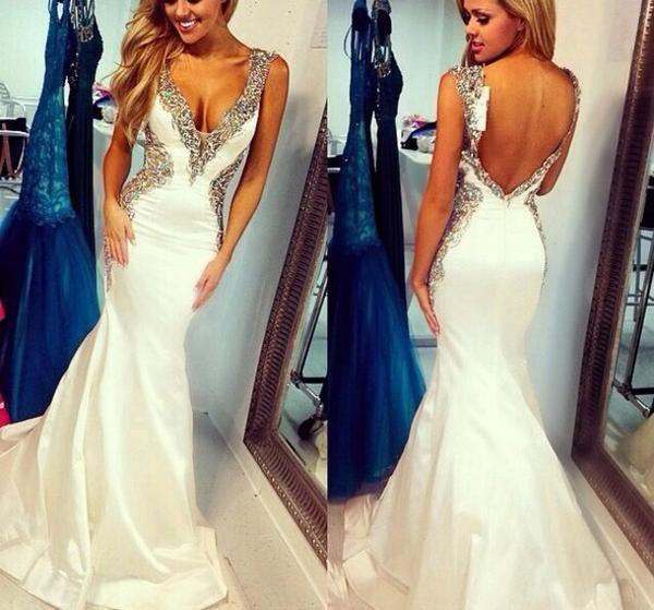Wedding - Ivory Mermaid Sexy Open Back Inexpensive Evening Party Long Prom Dresses, WG203