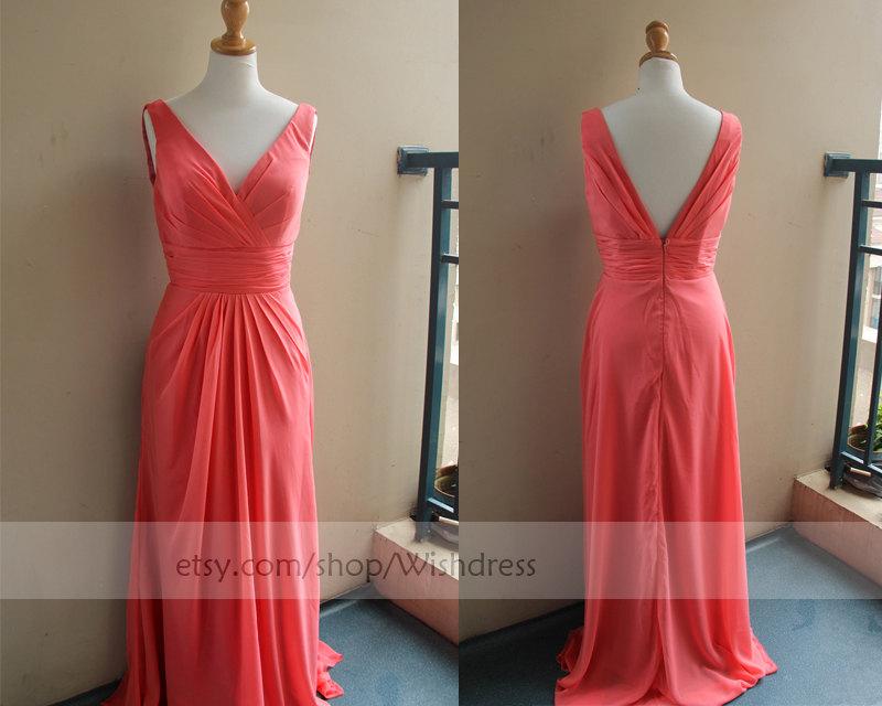 Hochzeit - Handmade V-neck Floor Length Watermelon Bridesmaid Dress / V Back Bridesmaid Dress/ Wedding Party Dress/ Formal Dress by wishdress