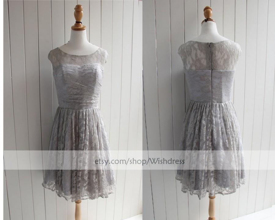زفاف - Illusion Top Silver Lace Short Bridesmaid Dress/ Cocktail Dress/Short Prom Dress/ Formal Dress/ Homecoming Dress from wishdress